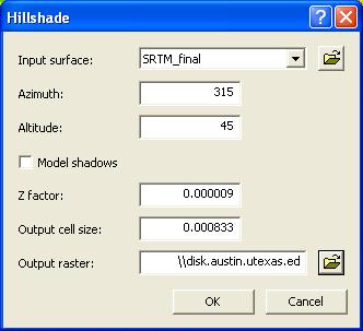 After analyzing the SRTM elevation data and slope data, I created a Hillshade using the Spatial Analyst