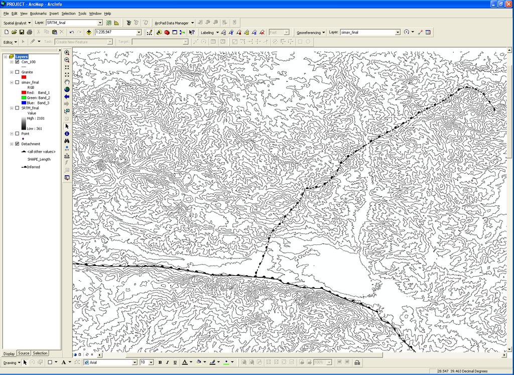 Figure 33: Screen shot of ArcMap showing 100m contours from the SRTM data and the location of the detachments.