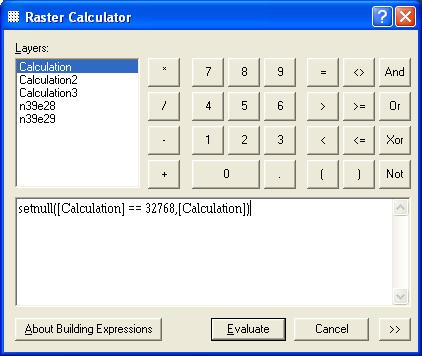 Figure 4: Raster calculation used to turn data cells of 32768 to no data cells. These 32768 cells were created in cells where no data was available. This calculation was done for both raster datasets.
