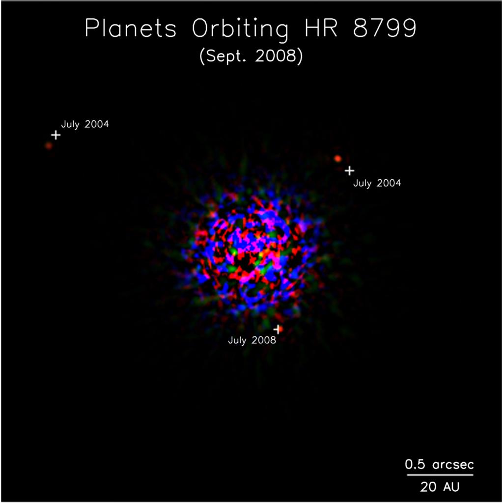 HR 8799 Marois et al. 2008 arxiv:0811.2606v1 A5V star, about 40 pc away.