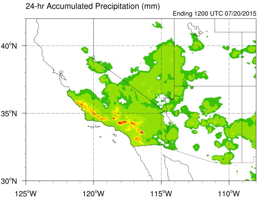 and San Jacinto Mountains 24-h Precipitation >80 mm at