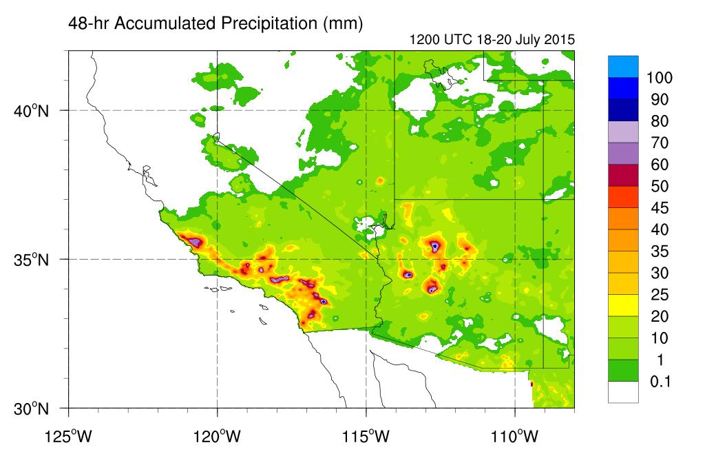 Precipitation 48-hour accumulated Maximum 48-hr precipitation >90 mm at various locations throughout southern California and northwest Arizona 48-hr