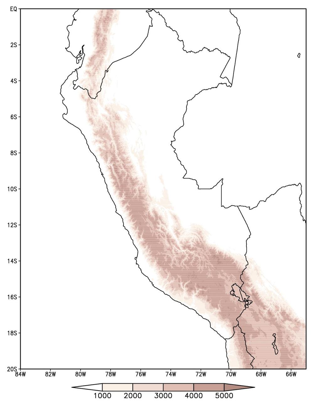c. Study Area: Peru AMAZONIA Peru is located along the central western coast of South America (18.2 S-0 S, 81.7 W-68.6 W). The maximum (peak) height of the Peruvian territory exceeds 6000 m.