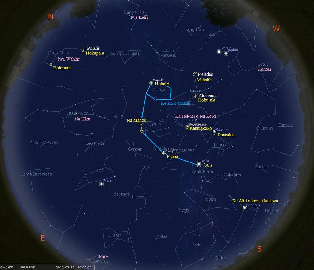 March Sky 2012 Screenshot taken from Stellarium, dated 3/15/12 Hawaiian star and constellation names are identified according to information found at: http://pvs.kcc.hawaii.