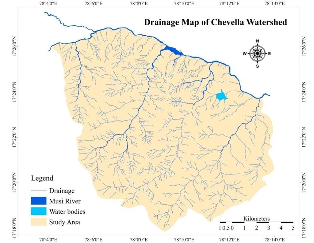 Fig 4: Drainage system of the Chevella basin In the basin there is a 5 th order stream. Total length of the five orders is 629.44 km. (length of the 1 st order: 329.14 km, 2 nd order: 118.