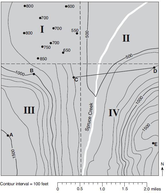 Base your answers to questions 28 through 30 on the topographic map and on your knowledge of Earth science. Dashed lines separate the map into sections I, II, III, and IV.