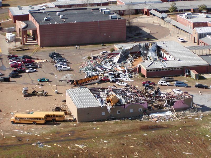 collapse with weaker wind loading than more compact areas of the same school building.