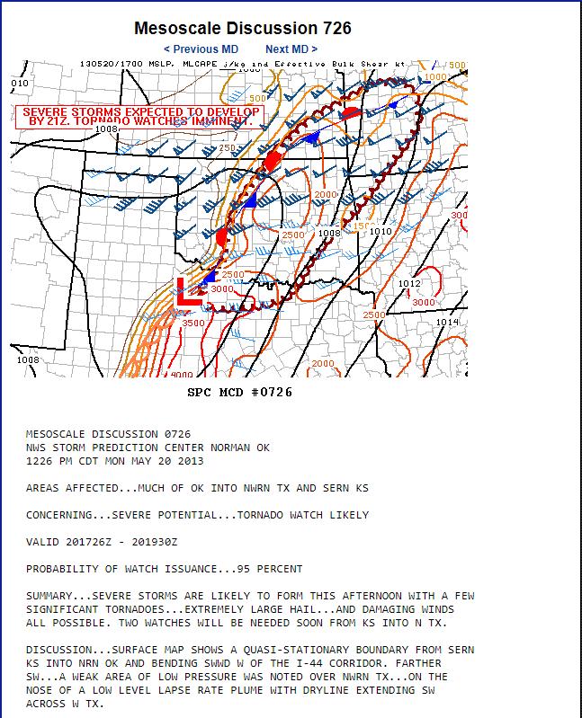 Mesoscale Discussions May 20, 2013 Threat