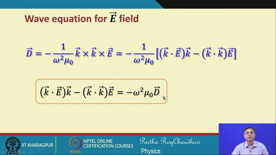(Refer Slide Time: 16:48) So, the wave equation for E field can be written in this form, if you just reorganize this equation that is E equal to k cross k cross E by minus omega square mu epsilon