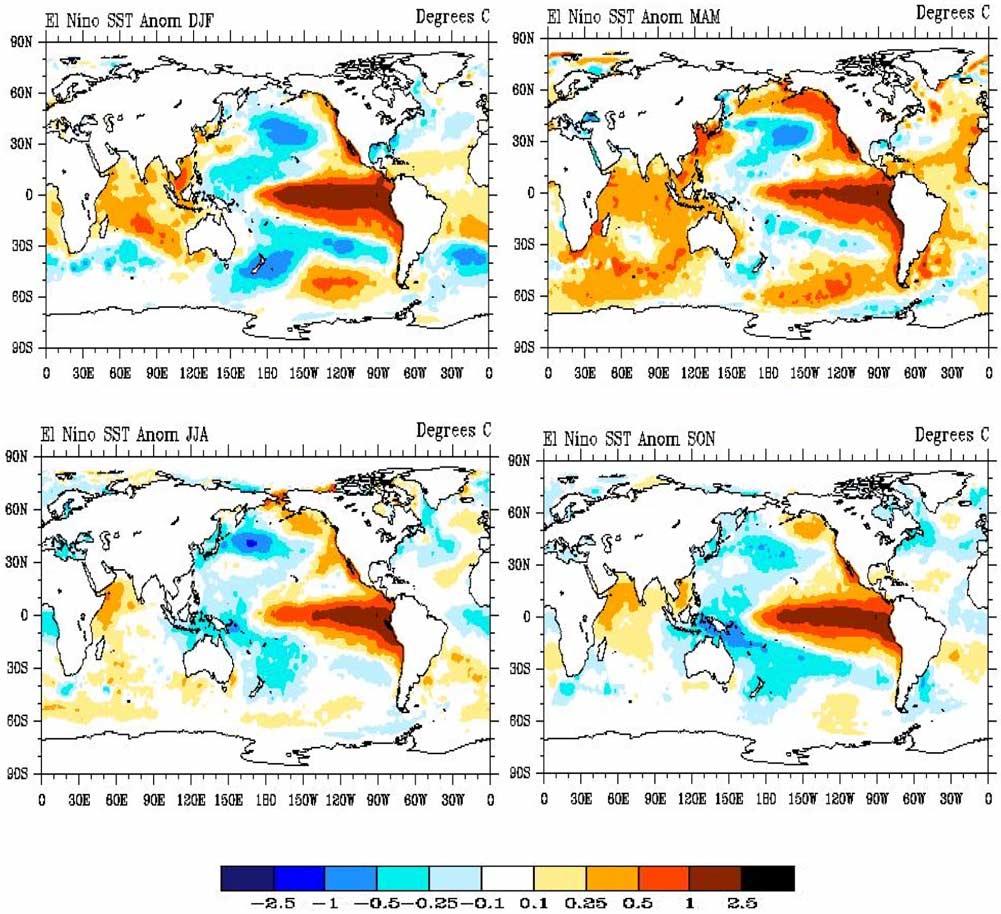 Figure 1. Monthly average El Niño SST anomalies from the Hadley Center monthly SST data, which are used in the El Niño simulations. model response to El Niño.
