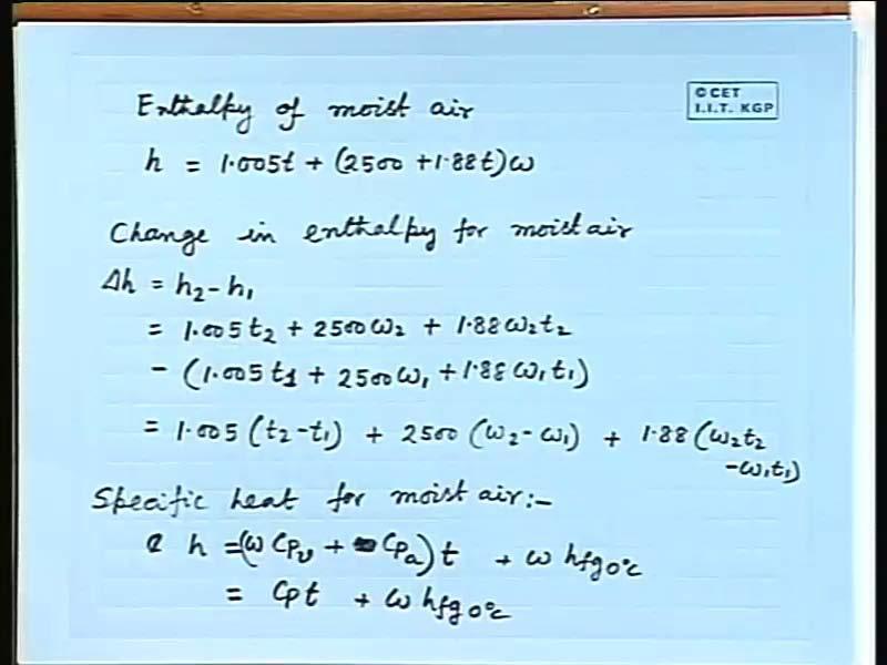 (Refer Slide Time: 26:16) The enthalpy of moist air, h is equal to 1.005 t plus 2500 plus 1.88 t multiplied by w. This will be the enthalpy of moist air.