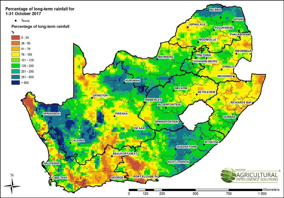 Figure 2: Percentage difference - rainfall for 1-31 October 2017. Figure 2 gives perspective of the rainfall for October.