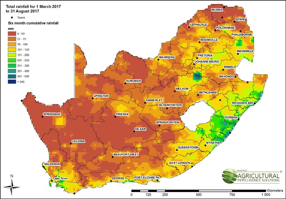 Figure 2: Percentage difference - rainfall for 1-31 August 2017. Figure 2 gives perspective of the rainfall in August. The unseasonal rain over parts Limpopo is highlighted with the blue and green.