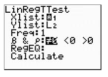 Begin by pressing the STAT key and the use the arrows to scroll to TESTS. Here, we want the option named LinRegTTest. Press ENTER.