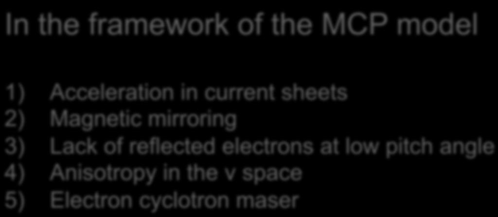 In the framework of the MCP model 1) Acceleration in current sheets 2) Magnetic mirroring 3) Lack