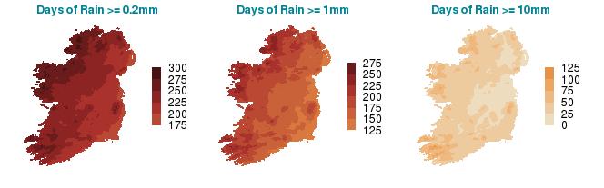 Figure 7: Annual Days of Rain Totals 1981-2010 for >= 0.2mm, >= 1mm and >= 10mm. 6.