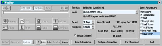 10 of 24 DOWNLOAD WINDOW Once a weather model is selected, the download window will include a number of new controls: Select Parameters provides a list of all of the weather variables such as wind,