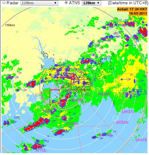 D. Aviation Thunderstorm Nowcasting System (ATNS) Fig.6 Images of the 60-minute storm motion forecast at 128 km (left) and 256 km (right) range from the centre of HKO s weather radar at Tai Mo Shan.