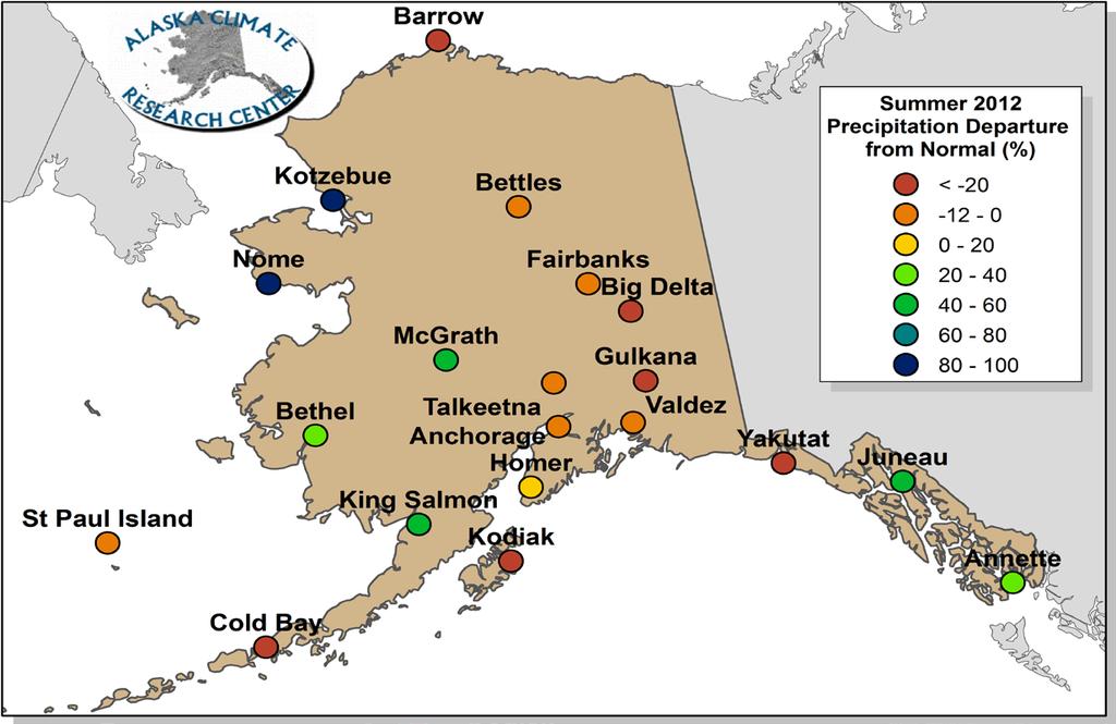Summer Weather Summary 6 Figure 8. Summer 2012 precipitation departures (%) from the 30-year normal (1981-2010) based on all first order meteorological stations in Alaska.