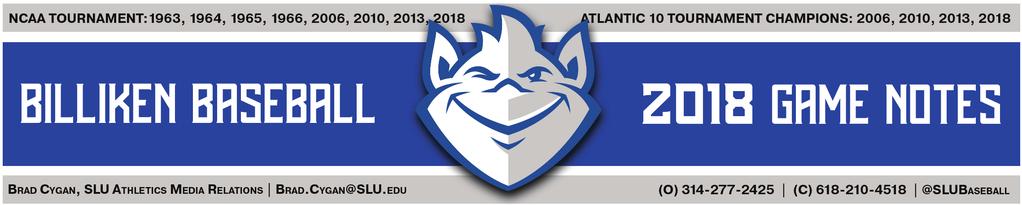 2018 BILLIKEN BASEBALL SCHEDULE Date Opponent Time/Result 2/16 Old Dominion (Kissimmee, Fla.) L 8-3 2/17 Pittsburgh (Kissimmee, Fla.) W 6-5 2/17 Toledo (Kissimmee, Fla.
