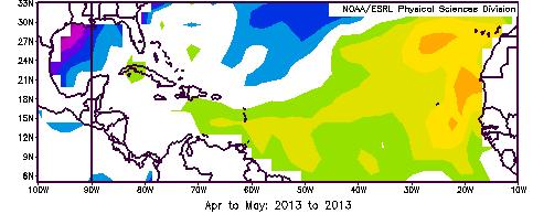 highlighting regions where SSTs deviate from the 1981 to 2010 climatological base period. The figure illustrates that SSTs measured over the entire MDR were around 0.