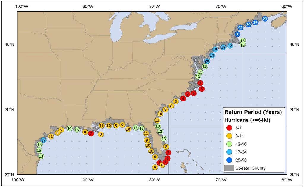 Background on Hurricanes North Carolina is especially vulnerable Estimated return period in years for hurricanes passing