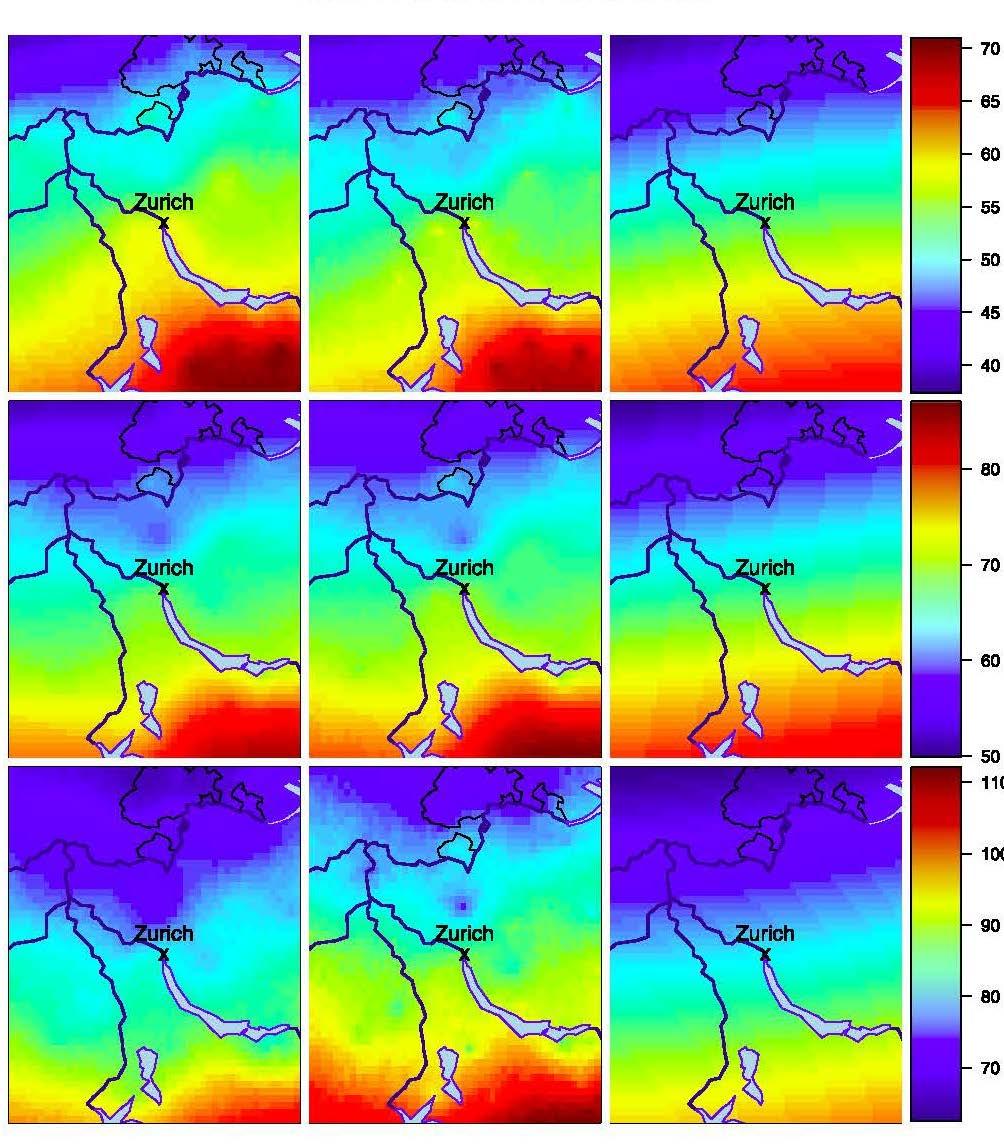 pointwise 25-year return levels for rainfall (mm) obtained from latent variable and max-stable models. Top and bottom rows: lower and upper bounds of 95% pointwise credible/confidence intervals.