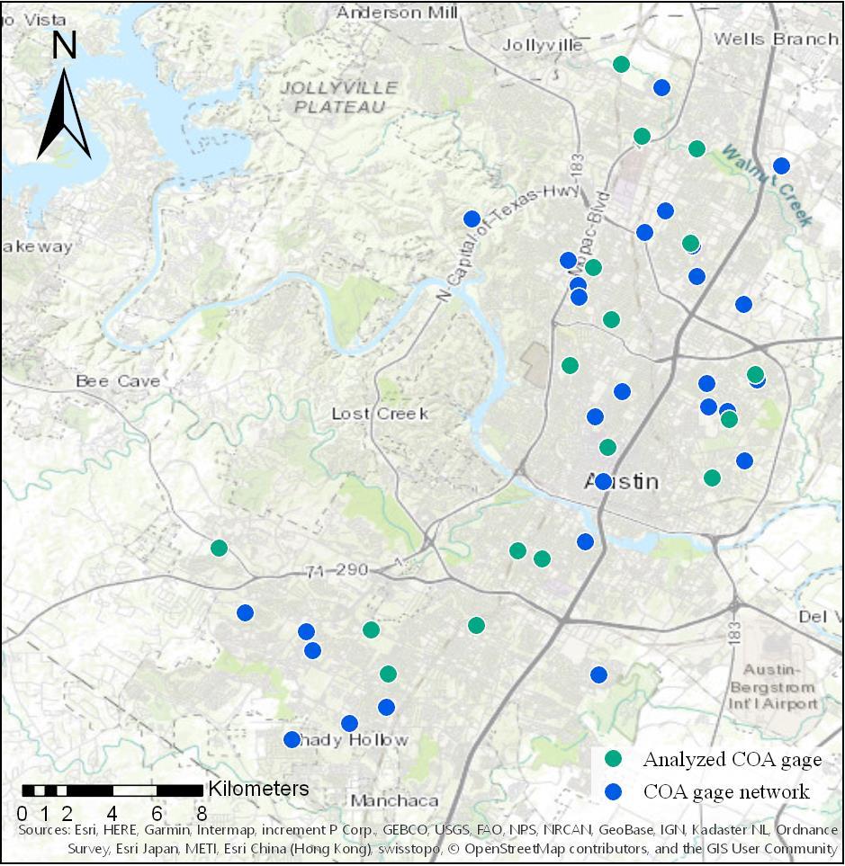 Figure 1. Network of total City of Austin gages. The gages analyzed in this study are illustrated in green.