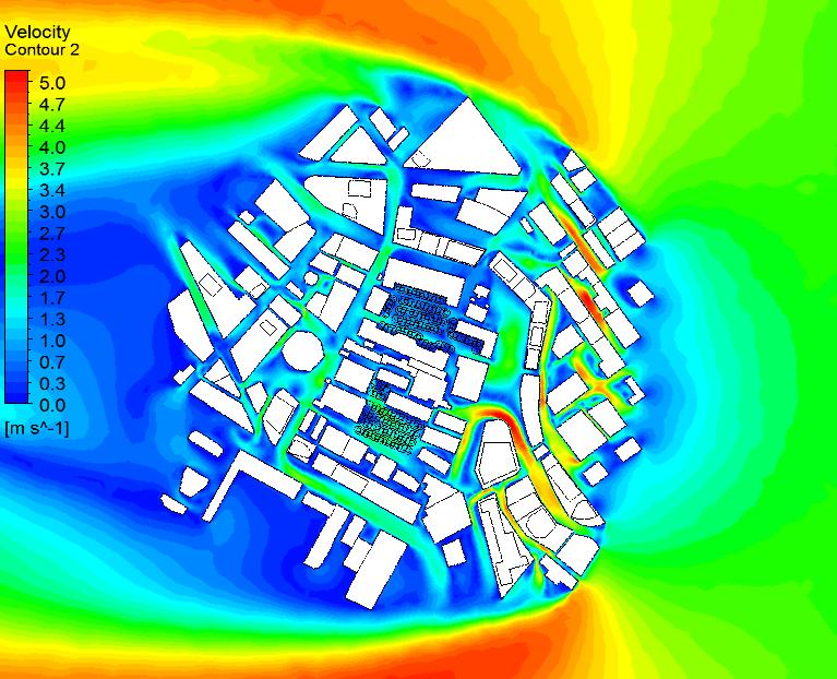 Simulation and analysis / Wind velocity Compare Existing buildings The simulation baseline model 1.5m height data above ground Wind velocity near 0.