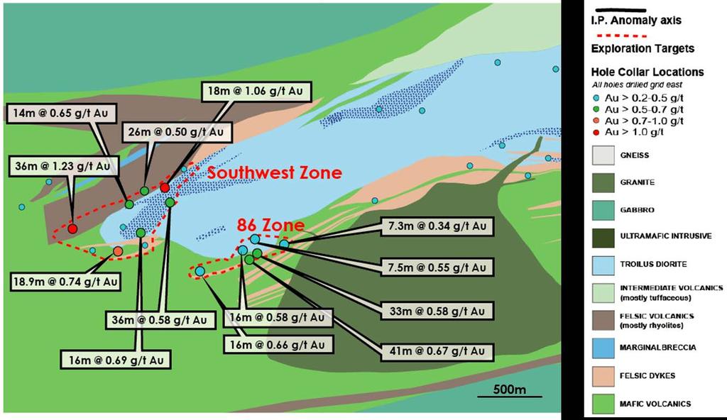 3) Southwest Zone The Southwest Zone is located along the margin of the Troilus Diorite and surrounding volcanics, 3.5 km southwest of Z87 (Figure 4).