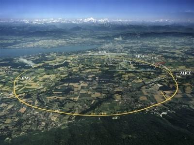 Figure 3: The LHC from above near Geneva, Switzerland. Labelled are the different experiment locations along the LHC. In yellow, the main LHC tunnel is labeled. 1.