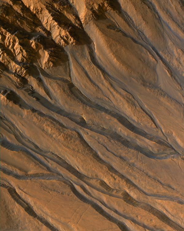 Gully channels in a crater in the southern highlands of Mars, taken by the High Resolution Imaging Science Experiment (HiRISE) camera on the Mars Reconnaissance Orbiter, are shown in this image