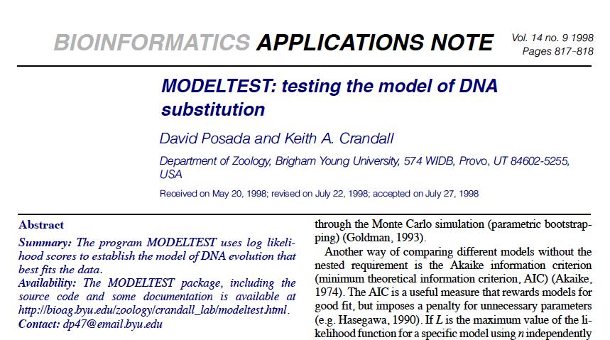 Models of Molecular Evolution: Model Test One of the most useful programs to determine the model of molecular evolution is Model Test (current version: jmodeltest2).