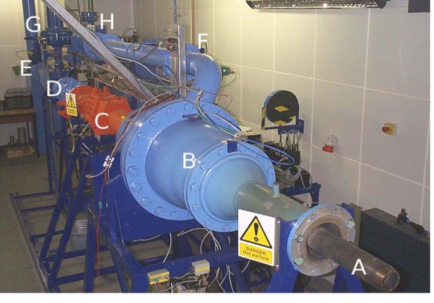 Page 5 of 25 7 Fig. 1 High-Pressure Nozzle Test Facility, a photograph, b layout (a) (b) A Primary nozzle delivery pipe B Secondary nozzle plenum and contraction C Combustion chamber D Prim.