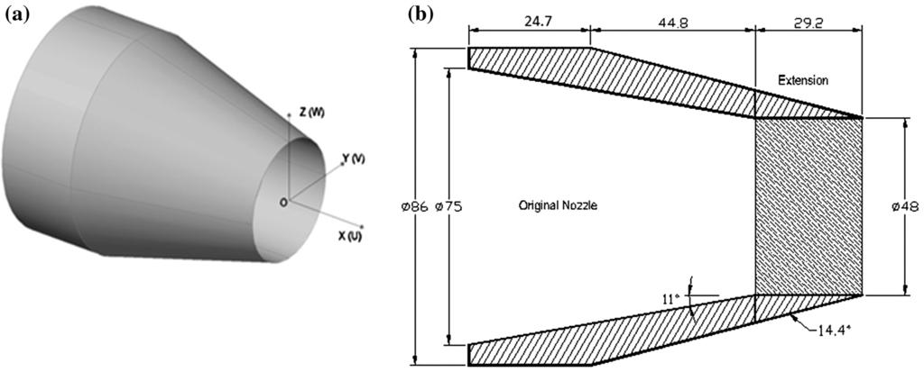 7 Page 6 of 25 Fig. 2 a Axisymmetric nozzle geometry, b nozzle dimensions (mm) shown in Fig. 2. The co-ordinate system used to present the data has the x-axis in the jet direction, the y-axis horizontal, and the z-axis vertical.