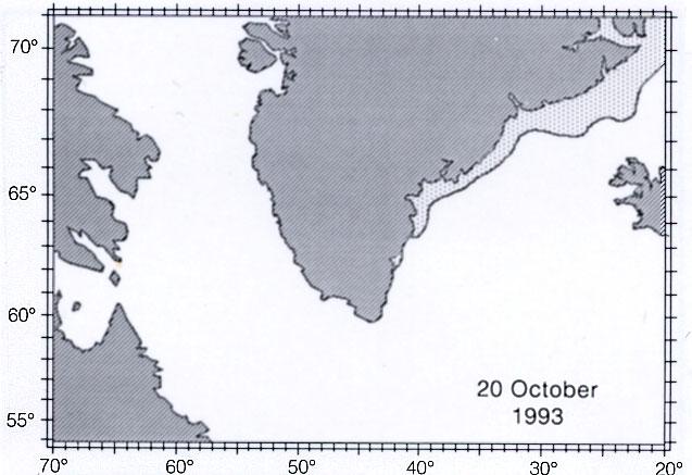 Ice edge during 24 March 1993; dark shaded areas indicate anomalous extent of ice edge during the month of March. Fig. 1. Location of international/national Standard Oceanographic Sections off West and East Greenland referred to in the paper.