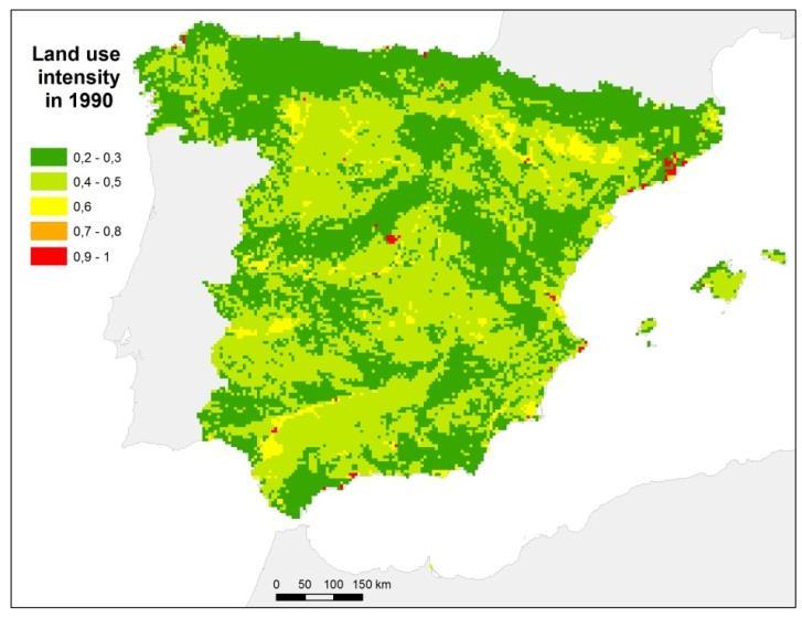 MAP EXAMPLES: Land Use Distribution of intensified land use in 1990 with a resolution of 1 km x 1 km, with a