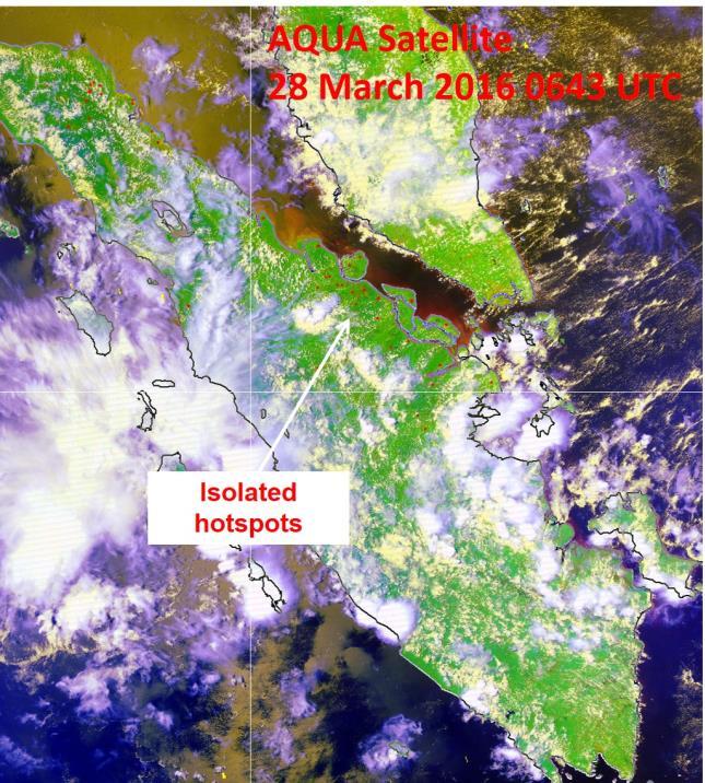 Figure 2D: AQUA satellite image on 28 March 2016 shows isolated hotspots detected in Riau