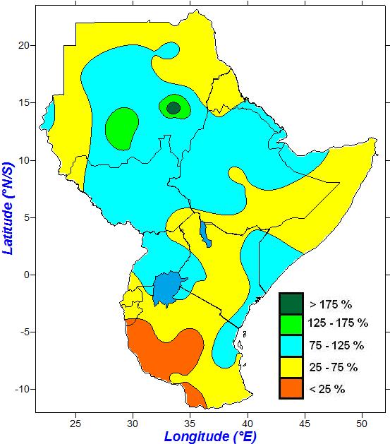 4.3 Rainfall anomalies 4.3.1 Rainfall anomalies during May to July 2014 During the period May-June-July 2014, less than 75% of the long-term average rainfall for the May-June-July period was received