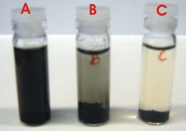 Figure S7. Dispersion of MWNTs in water after 5 days in the presence of: A) pyreneterminated Polymer 2, B) non-pyrene-terminated Polymer 4, C) 1-pyrenebutyric acid sodium salt. 3.