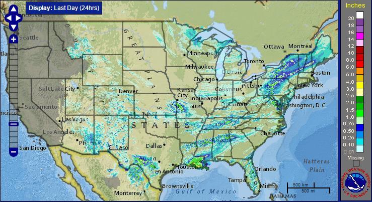 Most of the corn belt was dry yesterday (see map left), with showers to remain spotty until the weekend.