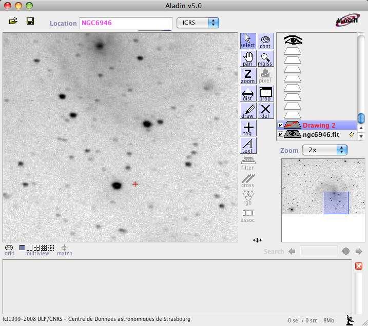 Figure 1 - Aladin screen shot showing the Supernova candidate (red cross) on the parent image of NGC 6946. 1.2.