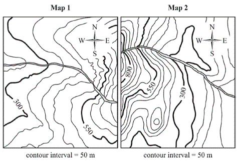Which features are most likely shown in both topographical maps? a. islands c. valleys b. lakes d. streams 16.