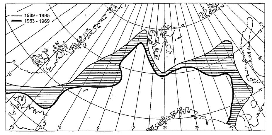 Impact of NAO on Arctic sea-ice extent Median ice border at end of April for periods 1963 69 (neg.