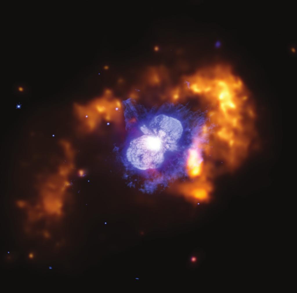 Eta Carinae: Blue Giant Eta Carinae, one of the most luminous stars known in our galaxy, radiates energy at a rate that is 5 million times that of the Sun, and is estimated to have a mass of about