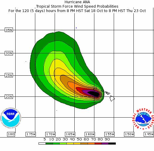 EDT) Located about 105 miles S of Lihue, HI Moving NW at 6 mph; maximum sustained winds of 80 mph This motion expected to continue overnight A turn toward the WNW is expected Sunday, with a gradual