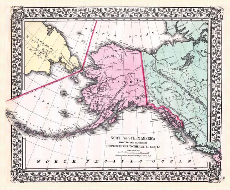 37. In 867, the United States of America purchased the territory of Alaska from the Russian Empire. Its 586,4 square miles cost +7. million. The United States paid roughly two cents per acre of land.