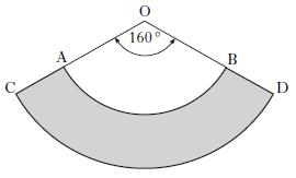 3 AB and CD are arcs of the circles with centres at O. The radius, OA, is 10 inches and the radius, OC, is 18 inches. Angle AOB is 160. Calculate the area of a collar. 4.