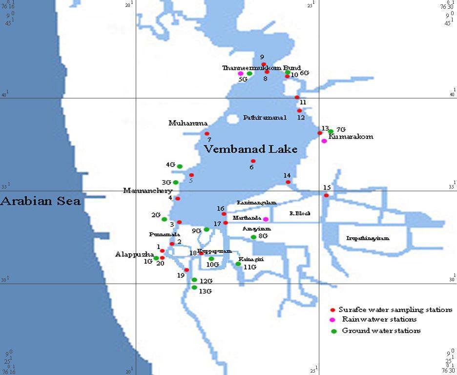 Figure 8.3 Area map of Vembanad wetland system showing sampling stations 8.
