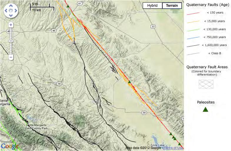 Figure SA.3. Quaternary faults and folds in the vicinity of the central San Andreas. The active trace of the San Andreas Fault is shown in red (US Geological Survey, 2006).